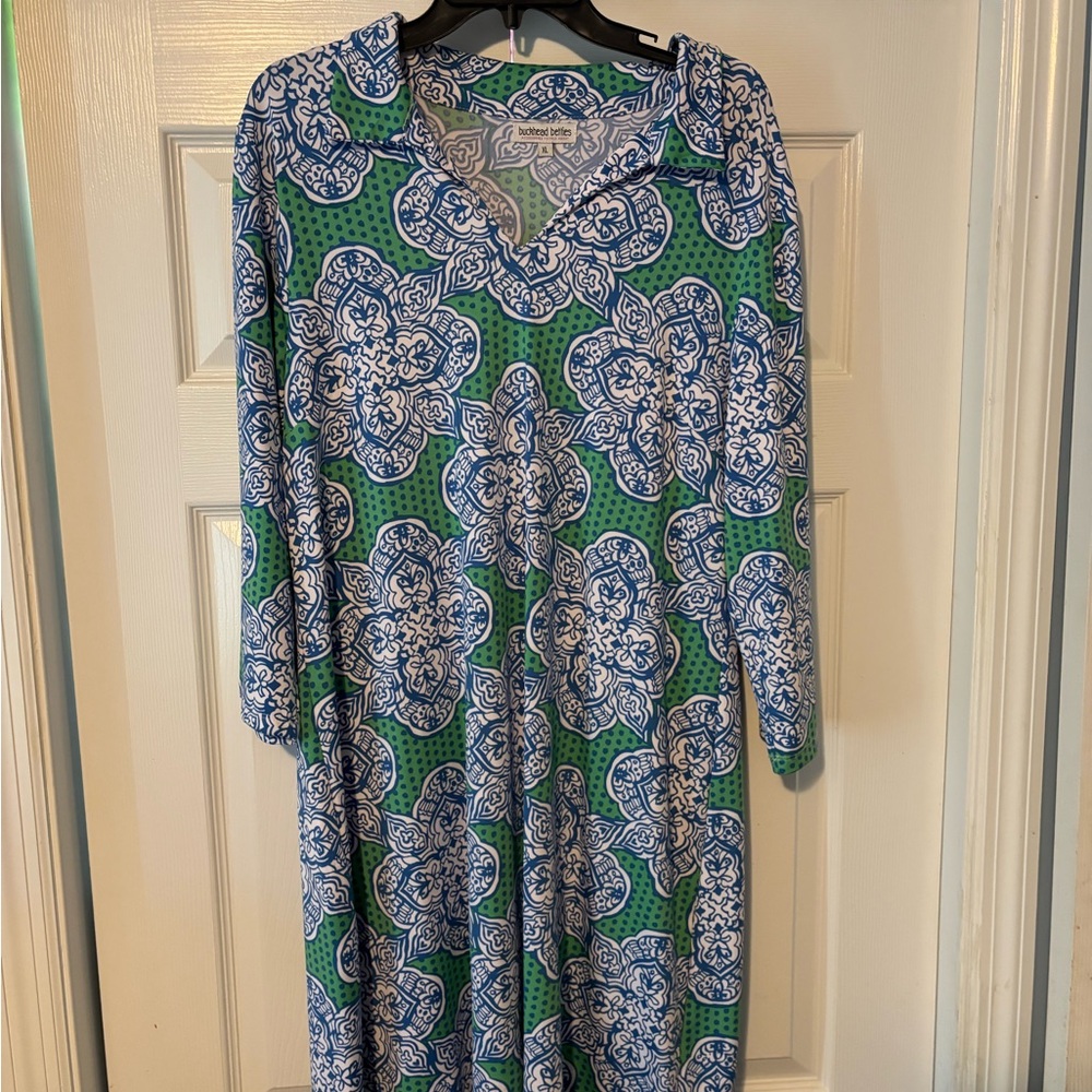 Green and Blue Floral V-Neck 3 qtr length Sleeve Dress